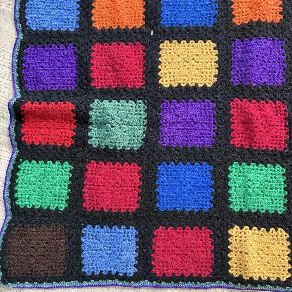Hand Crochet Granny Square Blanket Afghan Throw‎ Colorful Groovy Cottagecore